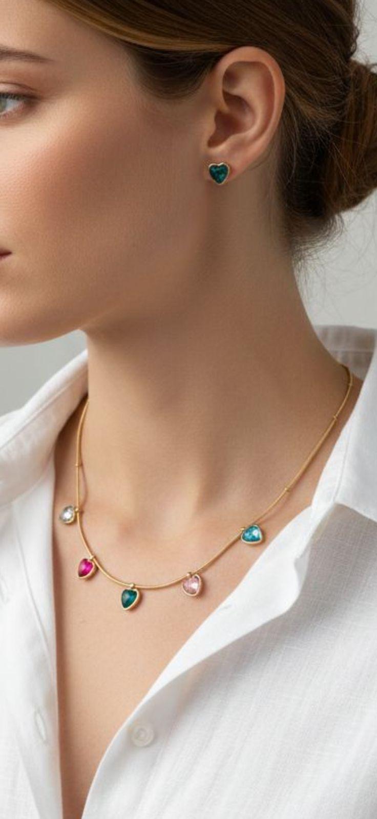 Gold-Tone Multi-color Heart Crystal Necklace