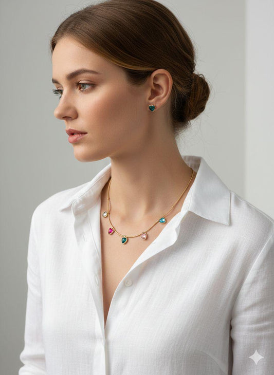 Gold-Tone Multi-color Heart Crystal Necklace