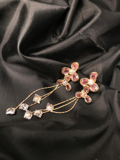 Gold-Plated Crystal Light PinkClover Chain Drop Earrings (Copy)