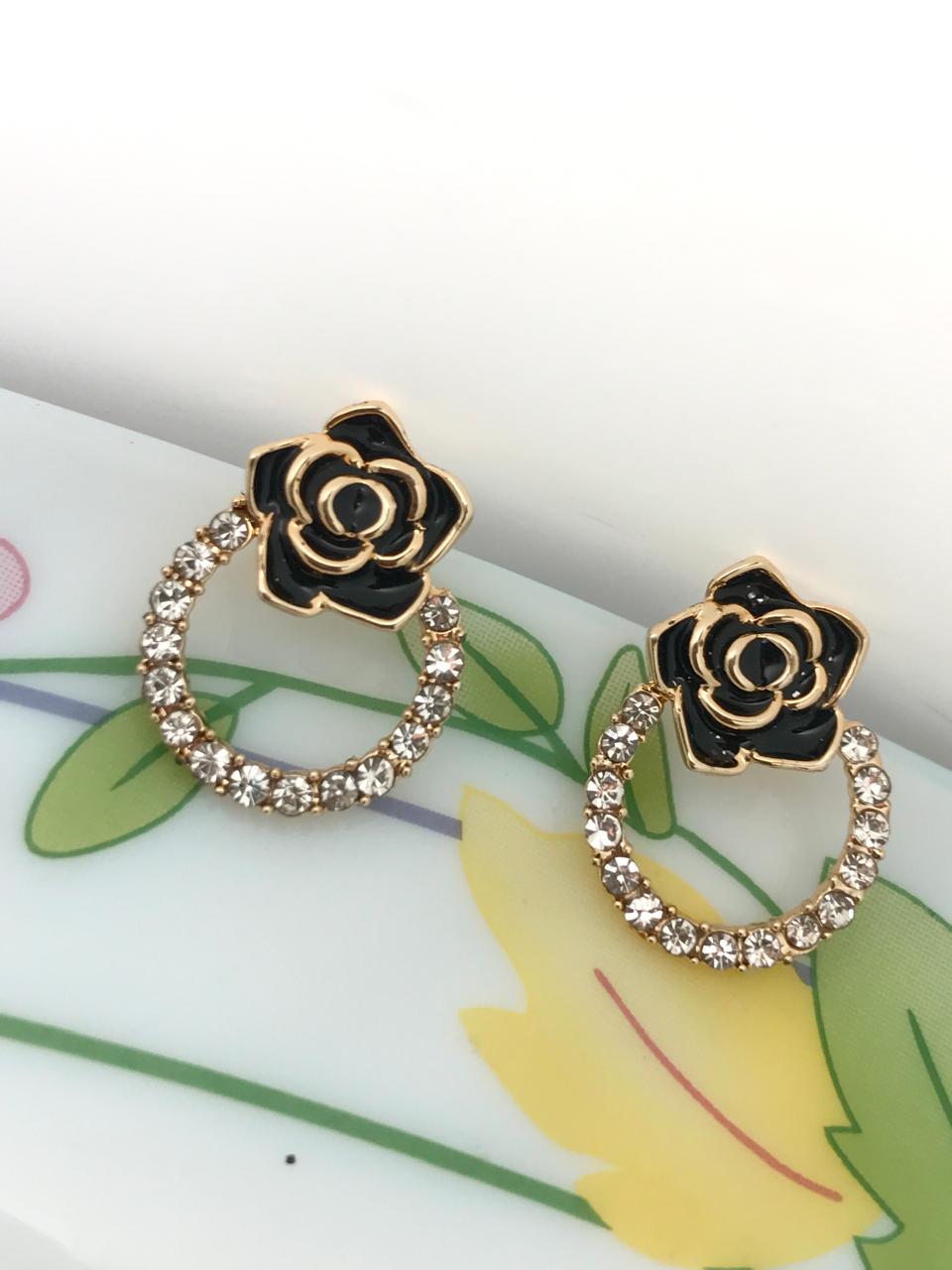 Gold-Plated Black Enamel Camellia Hoop Earrings