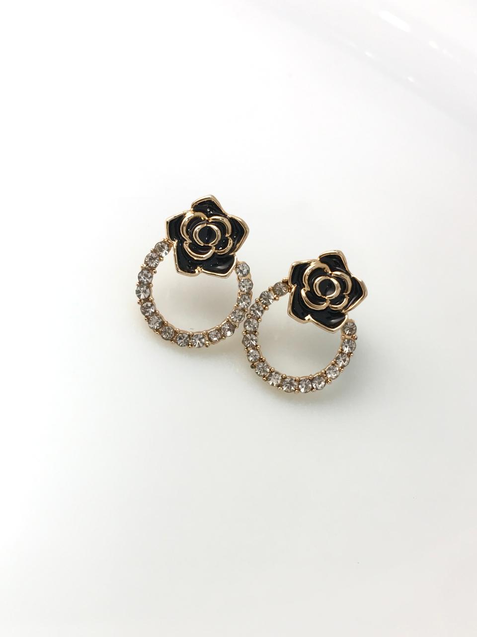 Gold-Plated Black Enamel Camellia Hoop Earrings