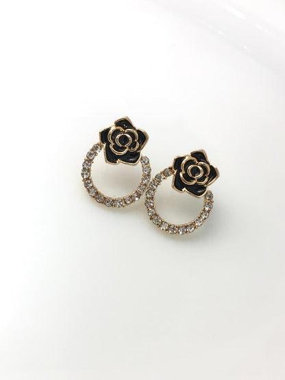Gold-Plated Black Enamel Camellia Hoop Earrings