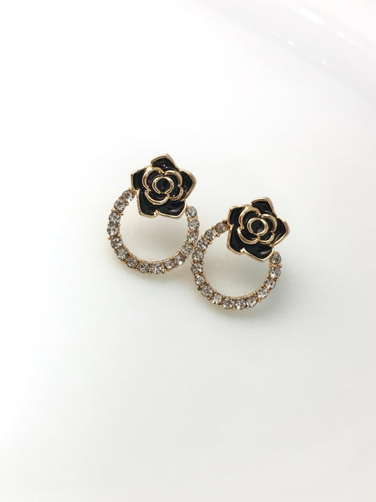 Gold-Plated Black Enamel Camellia Hoop Earrings