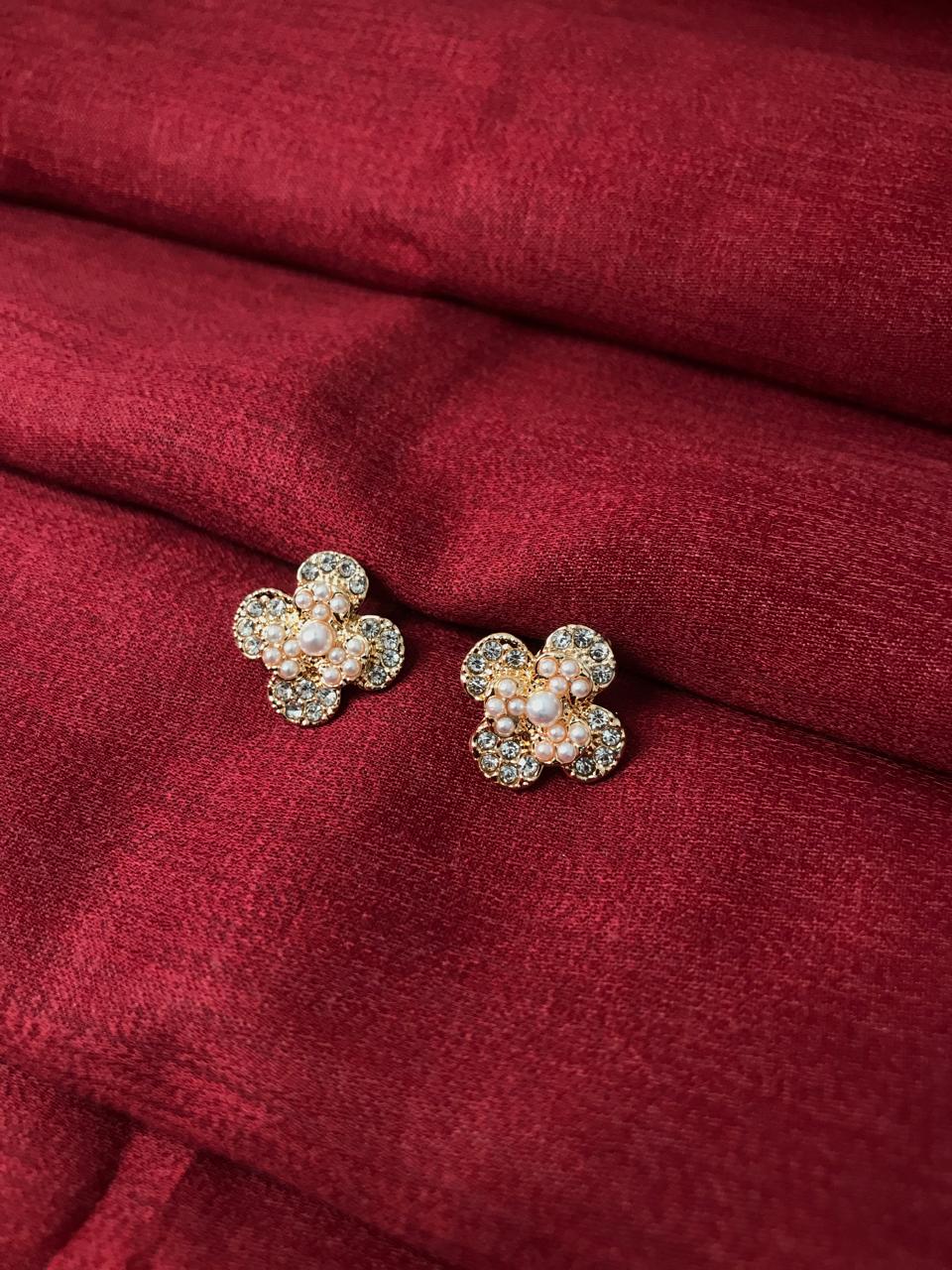 Gold-Plated Crystal And Pearl Cluster Clover Studs.