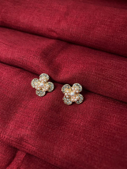 Gold-Plated Crystal And Pearl Cluster Clover Studs.