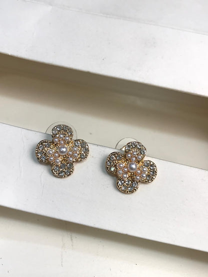 Gold-Plated Crystal And Pearl Cluster Clover Studs.