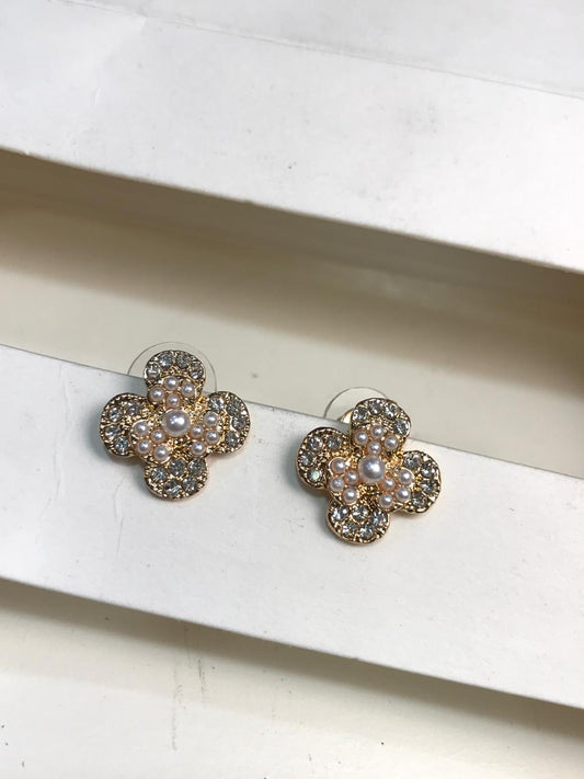 Gold-Plated Crystal And Pearl Cluster Clover Studs.