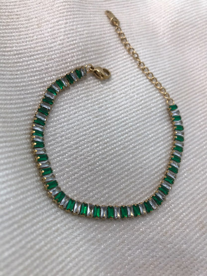 Gold-Plated Emerald Green and Clear Crystal Baguette Tennis Bracelet