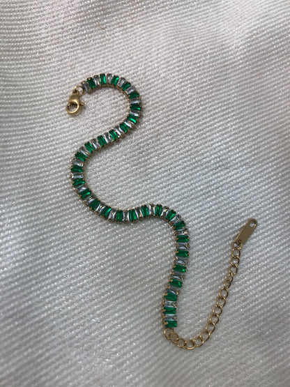 Gold-Plated Emerald Green and Clear Crystal Baguette Tennis Bracelet