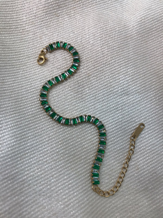 Gold-Plated Emerald Green and Clear Crystal Baguette Tennis Bracelet