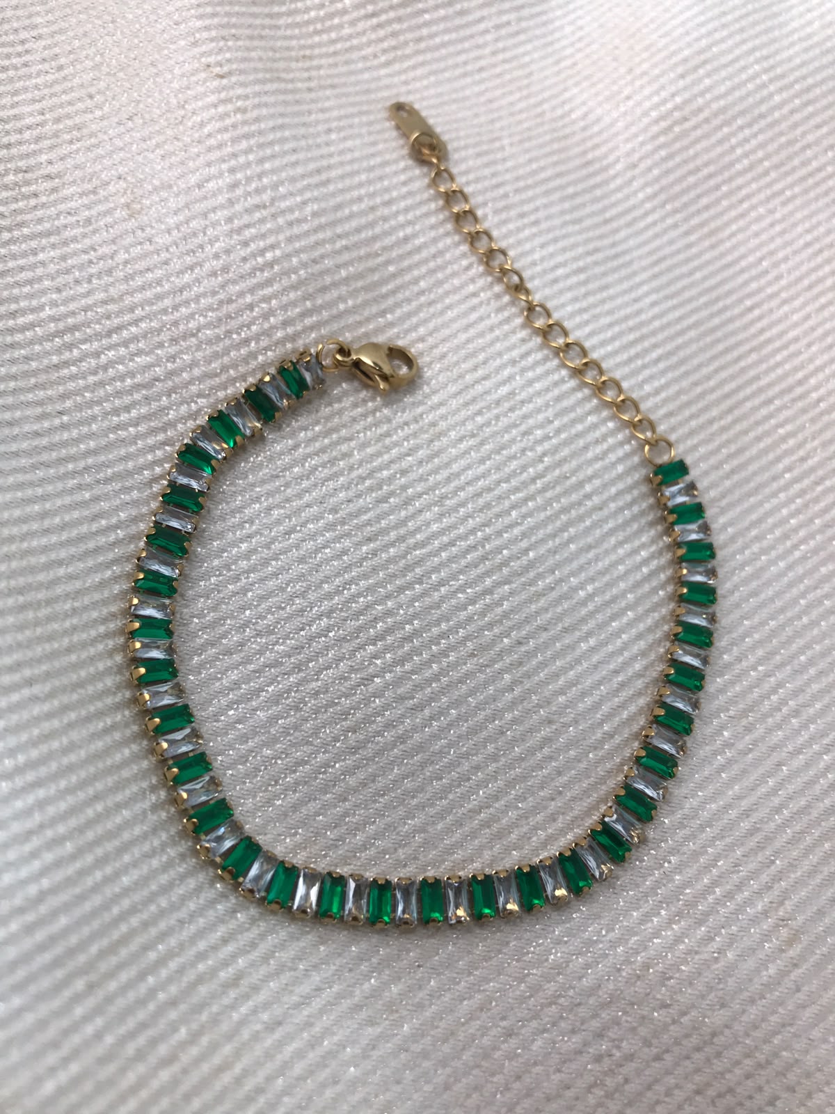 Gold-Plated Emerald Green and Clear Crystal Baguette Tennis Bracelet