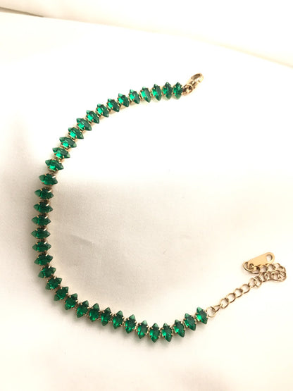 Gold-Plated Emerald Green and Clear Crystal Baguette Tennis Bracelet
