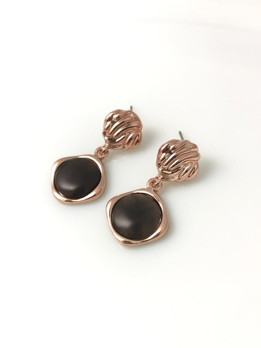 Rose Gold-Plated Black Stone Drop Earrings.